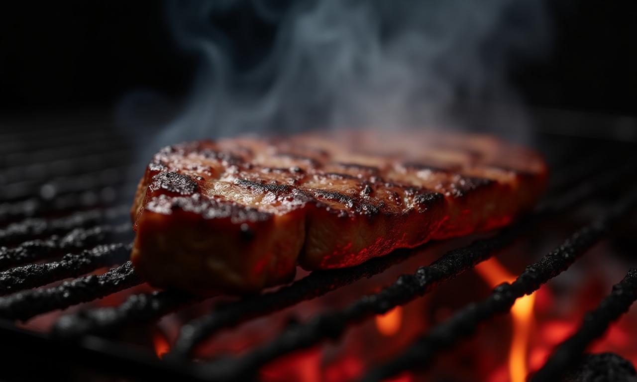 A close up of a steak sizzling on a premium charcoal grill.